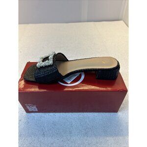Journee Collection Justina Slide Raffia Flat Sandals Faux Pearl Black SZ 8.5 NEW